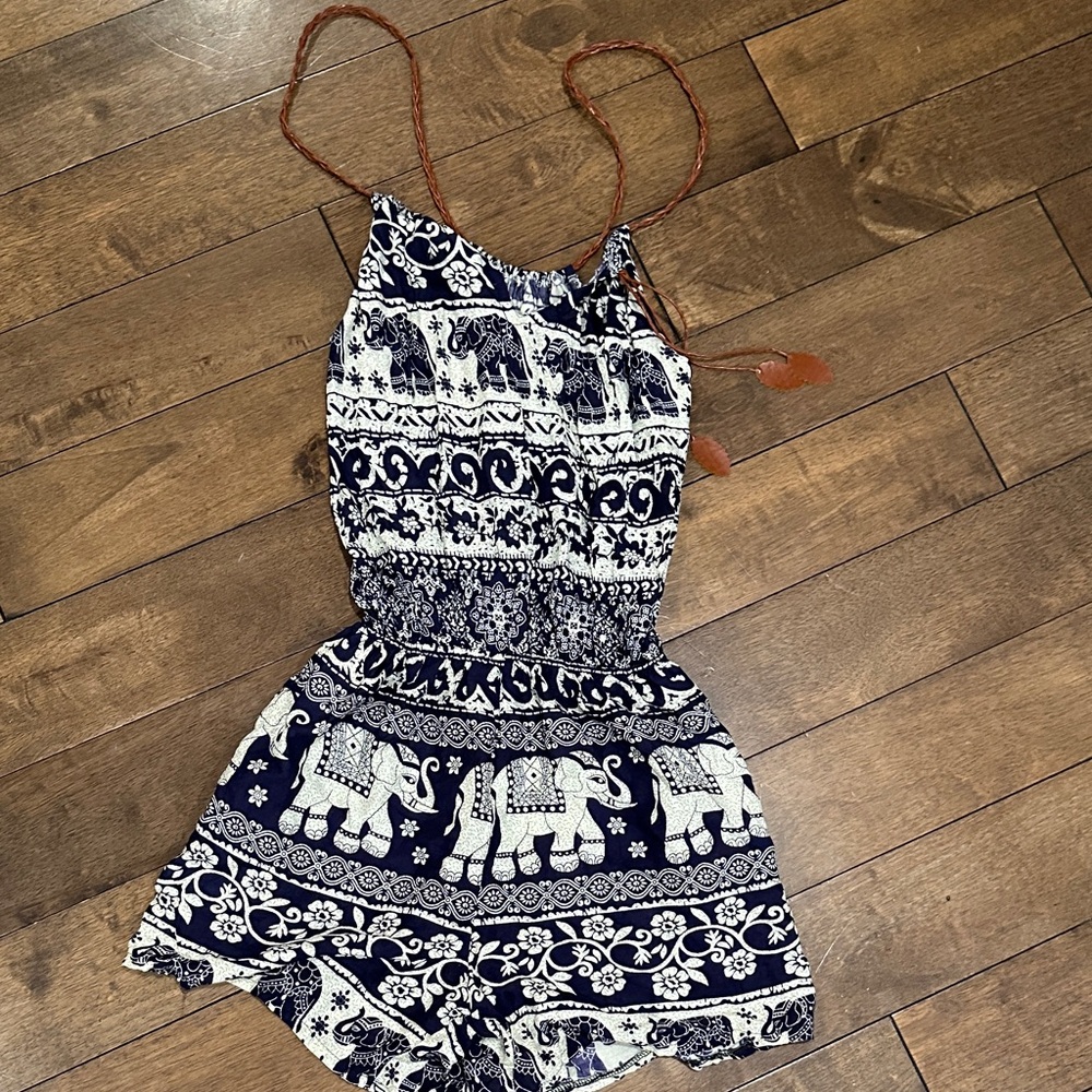 Kids Elephant Print Romper - Blue and White